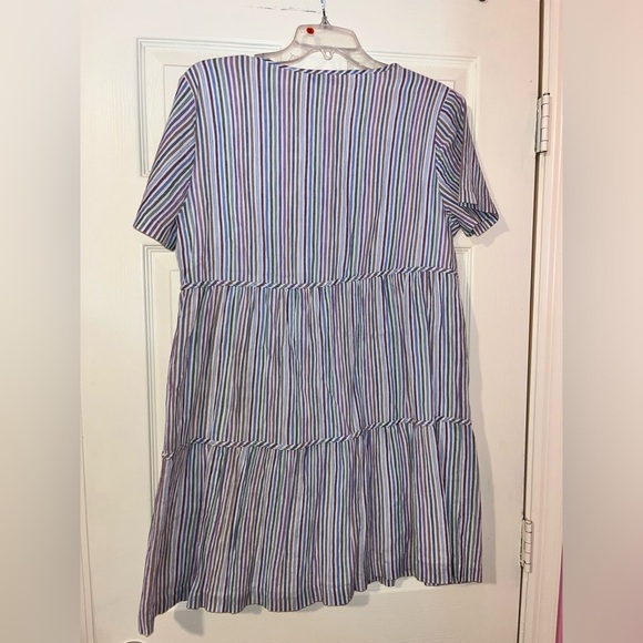Madewell Women's Rainbow Striped Crewneck Button Front Tiered Mini Dress Size M - Picture 4 of 5